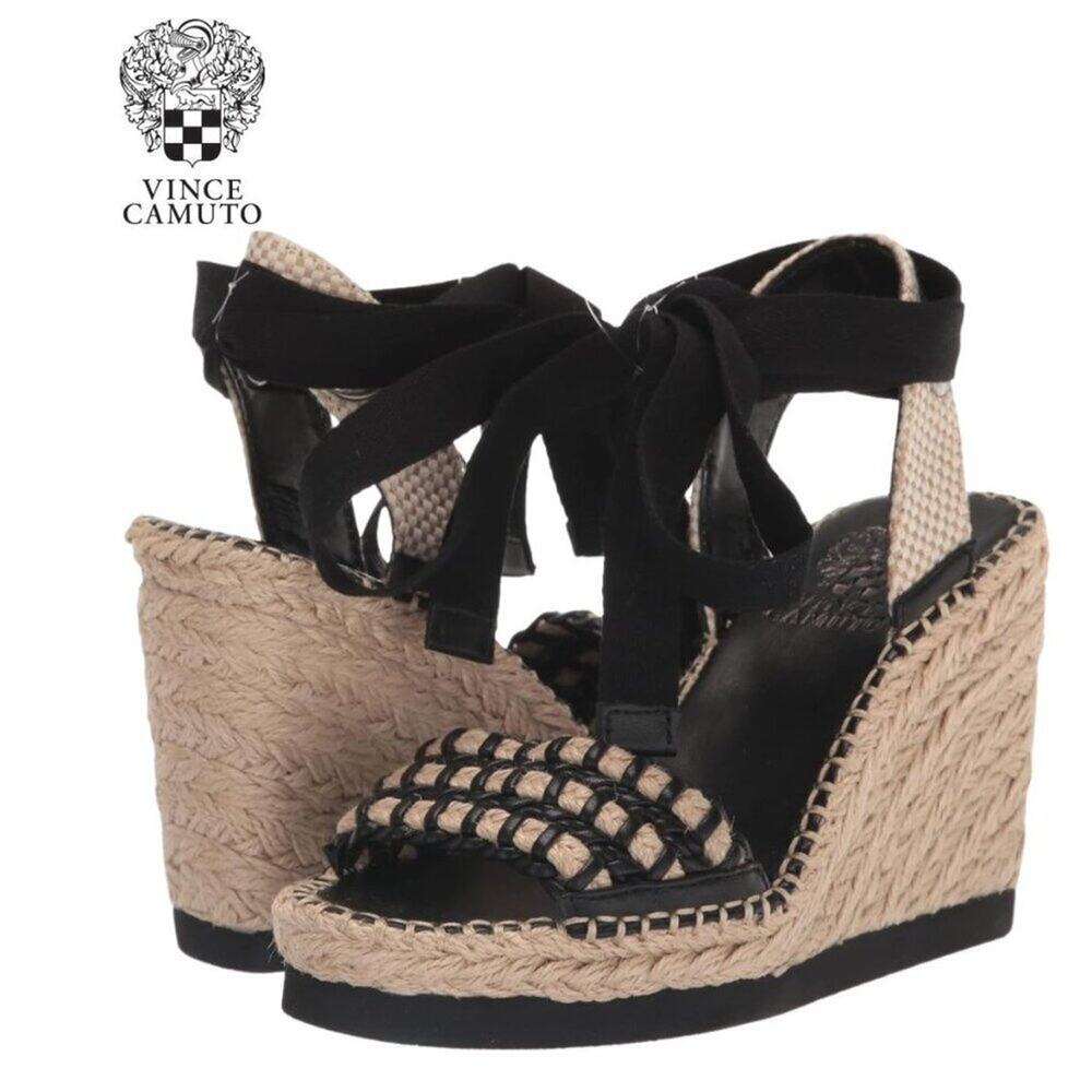 Vince Camuto Brisshel Leather Espadrille Wedge Sandal | Black & Natual | Sz 8.5